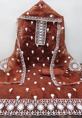 Rust Embroidered Organza Kurta Set