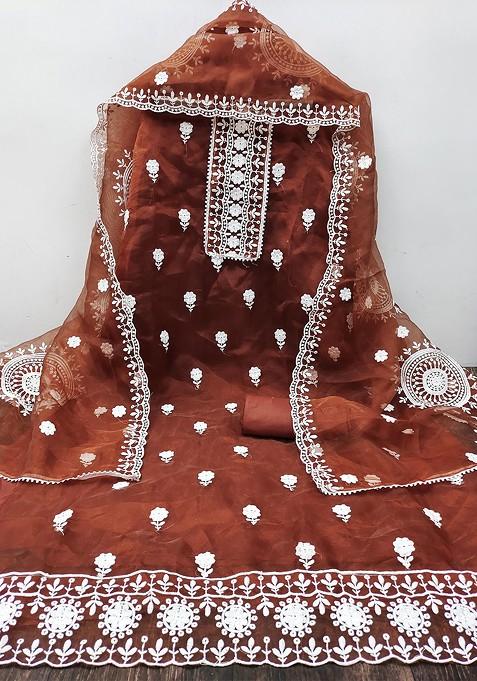Rust Embroidered Organza Kurta Set