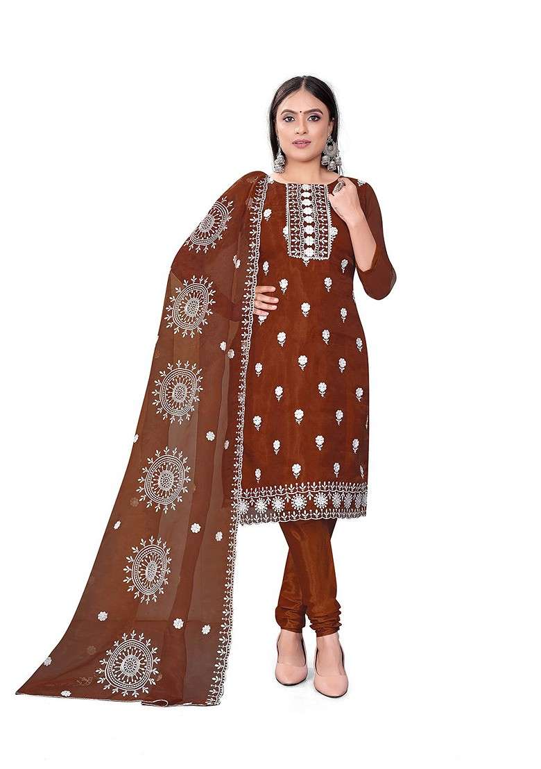 Rust Embroidered Organza Pakistani Suit Set - Indya