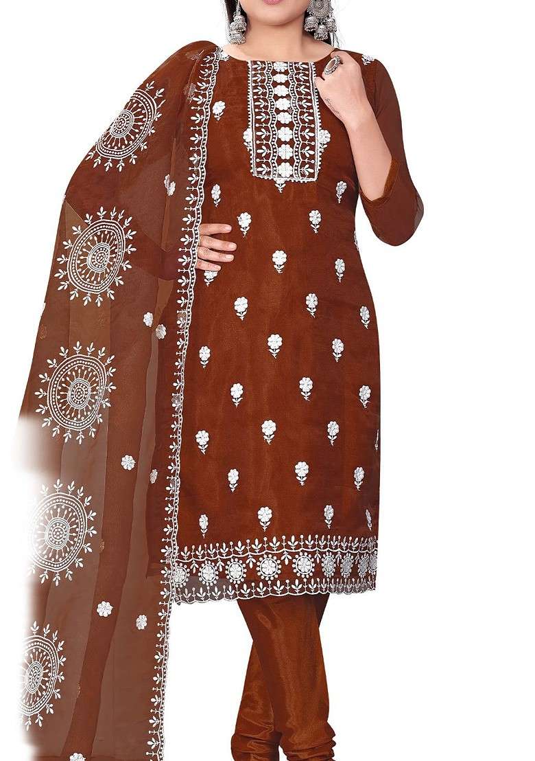 Rust Embroidered Organza Pakistani Suit Set - Indya