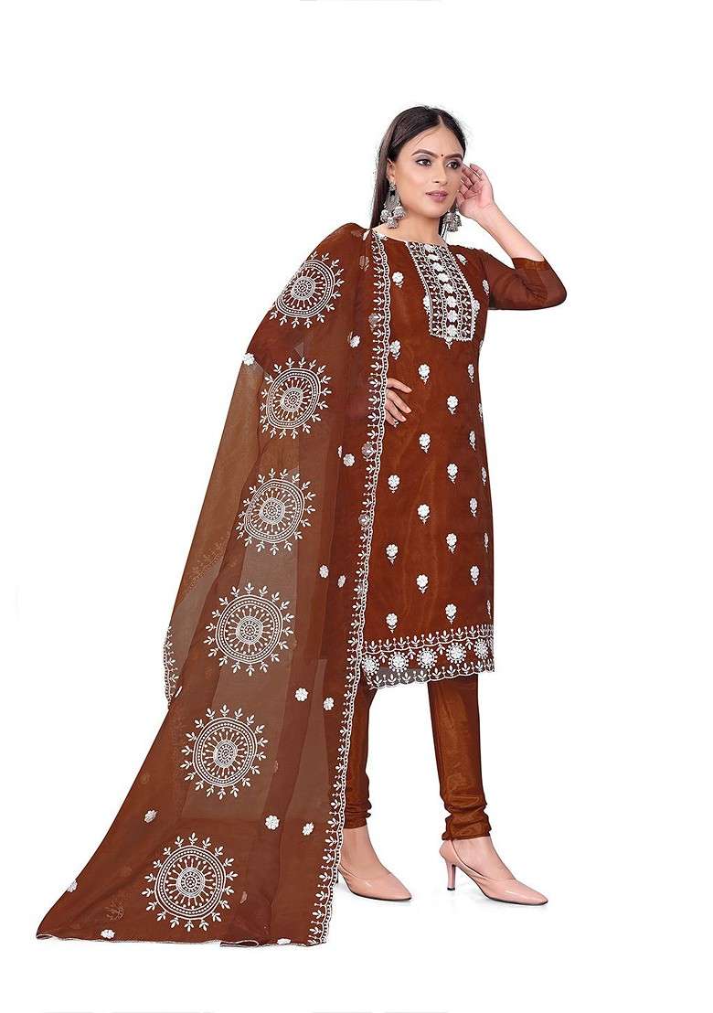 Rust Embroidered Organza Pakistani Suit Set - Indya