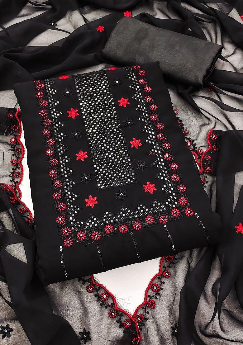 Black Embroidered Silk Georgette Kurta Set - Indya
