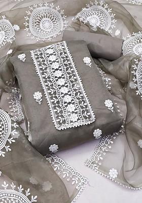 Grey Embroidered Organza Kurta Set