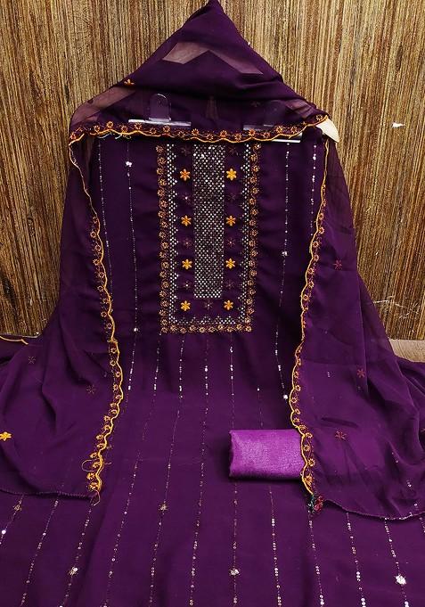 Purple Embroidered Poly Blend Kurta Set