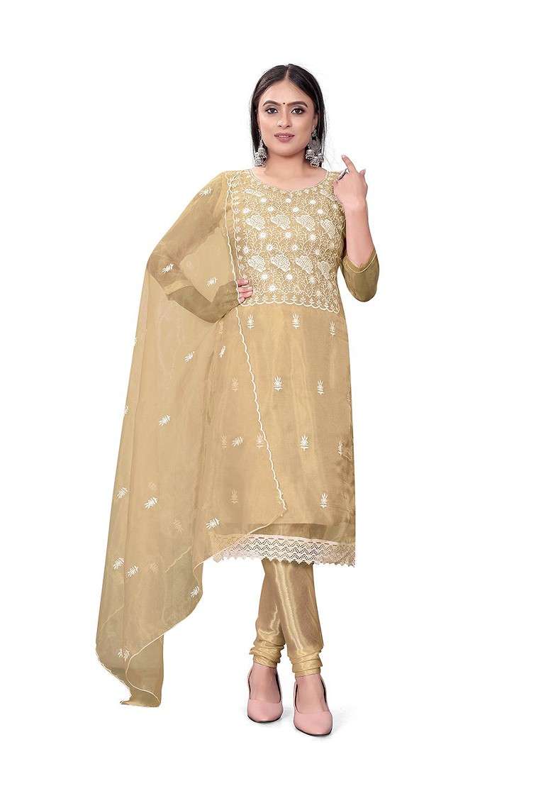 Beige Embroidered Organza Pakistani Suit Set - Indya