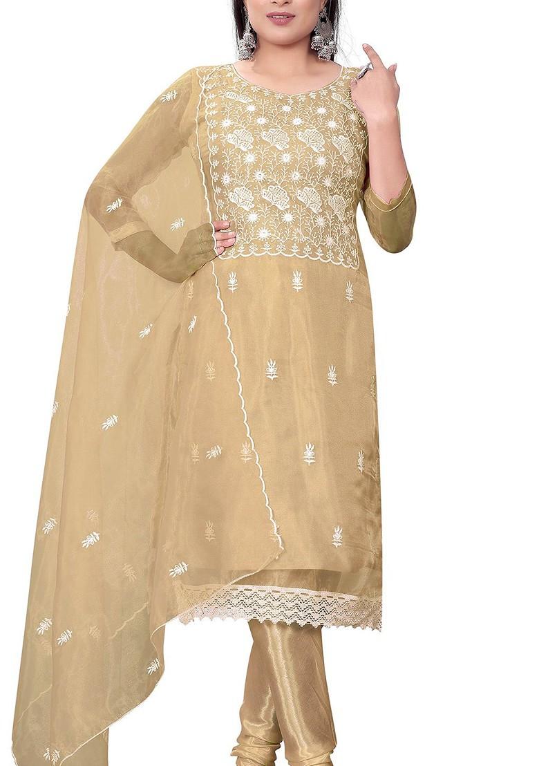 Beige Embroidered Organza Kurta Set - Indya
