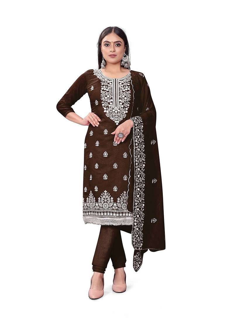 Brown Embroidered Cotton Pakistani Suit Set - Indya