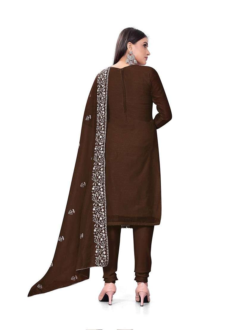 Brown Embroidered Cotton Pakistani Suit Set - Indya