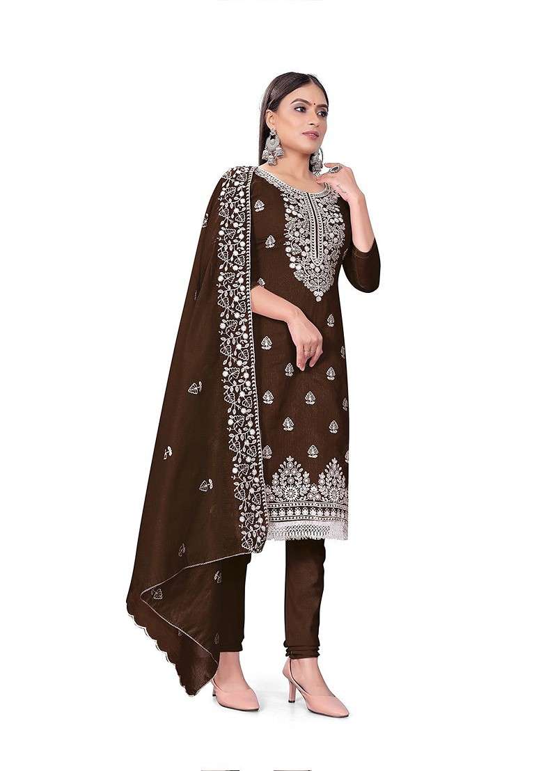 Brown Embroidered Cotton Pakistani Suit Set - Indya