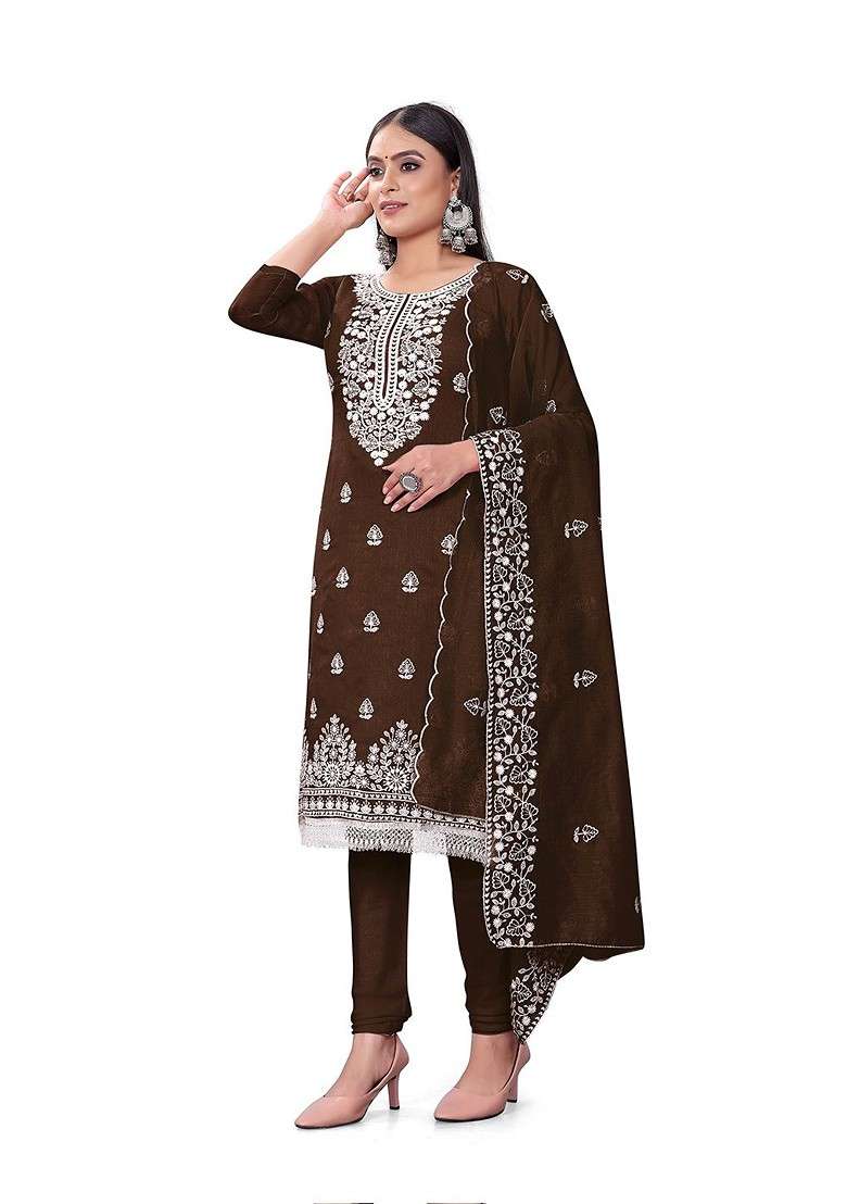 Brown Embroidered Cotton Pakistani Suit Set - Indya