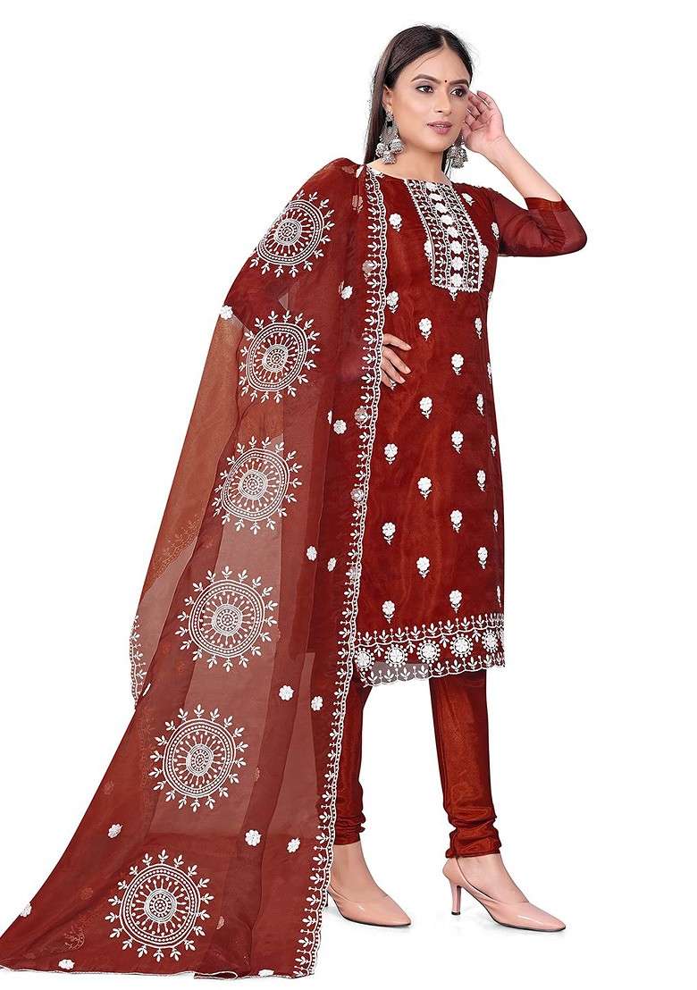 Maroon Embroidered Organza Straight Kurta Set - Indya
