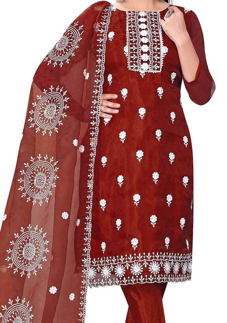 Maroon Embroidered Organza Straight Kurta Set - Indya