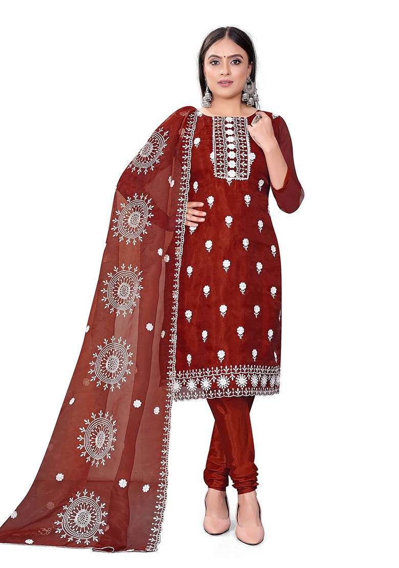 Maroon Embroidered Organza Straight Kurta Set - Indya