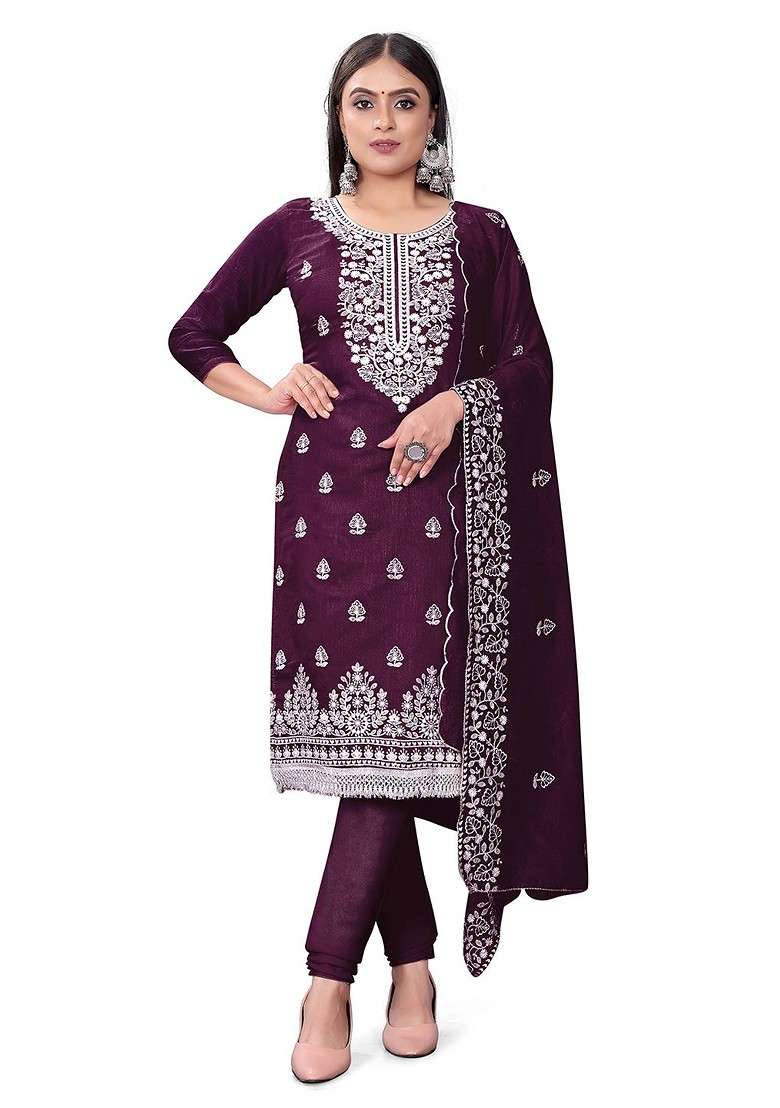 Purple Embroidered Blended Pakistani Suit Set - Indya