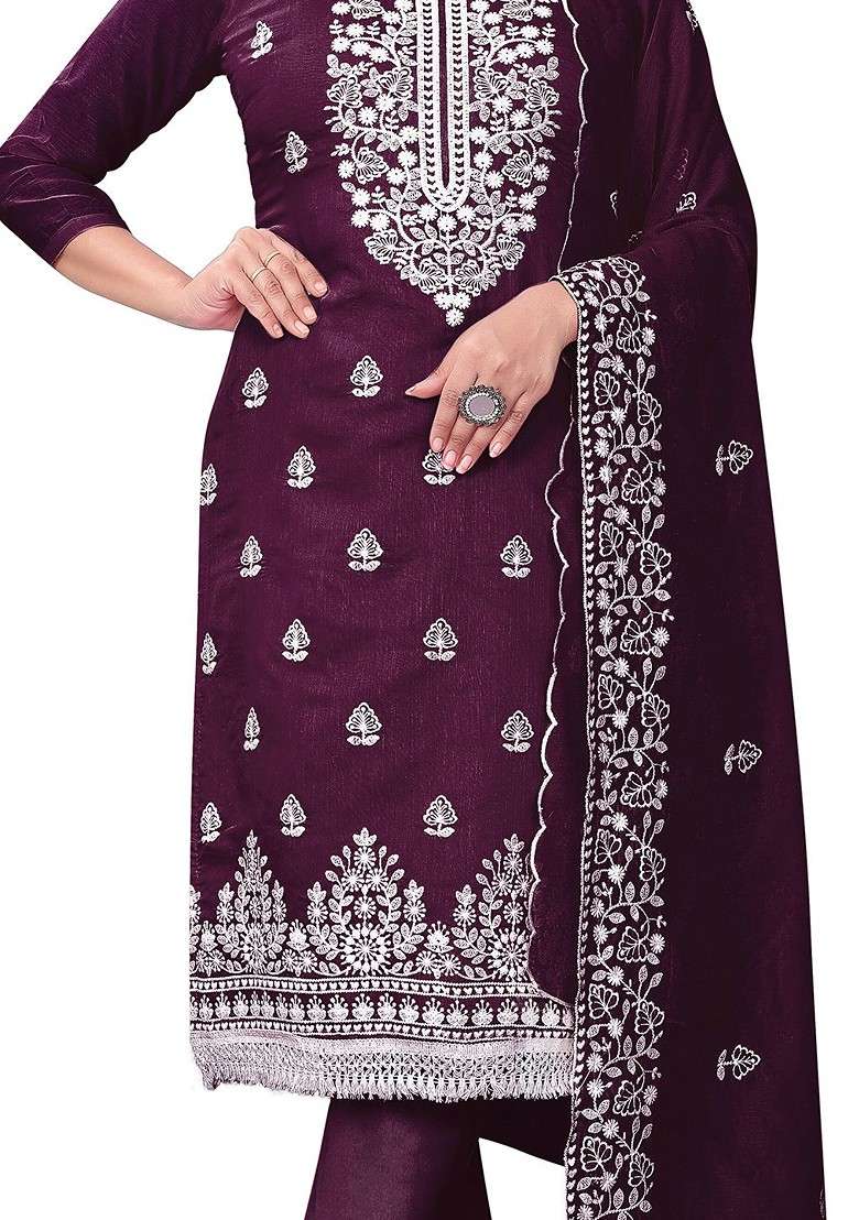 Purple Embroidered Blended Pakistani Suit Set - Indya
