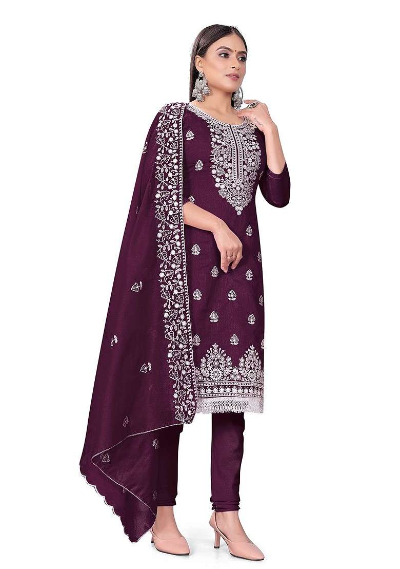 Purple Embroidered Blended Pakistani Suit Set - Indya