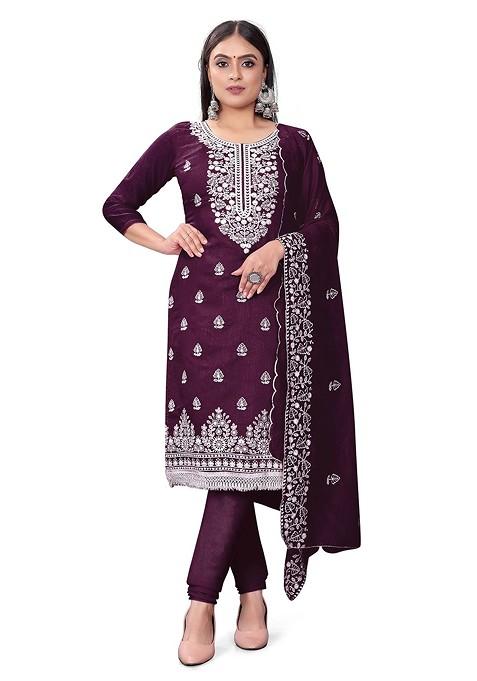 Purple Embroidered Poly Blend Kurta Set
