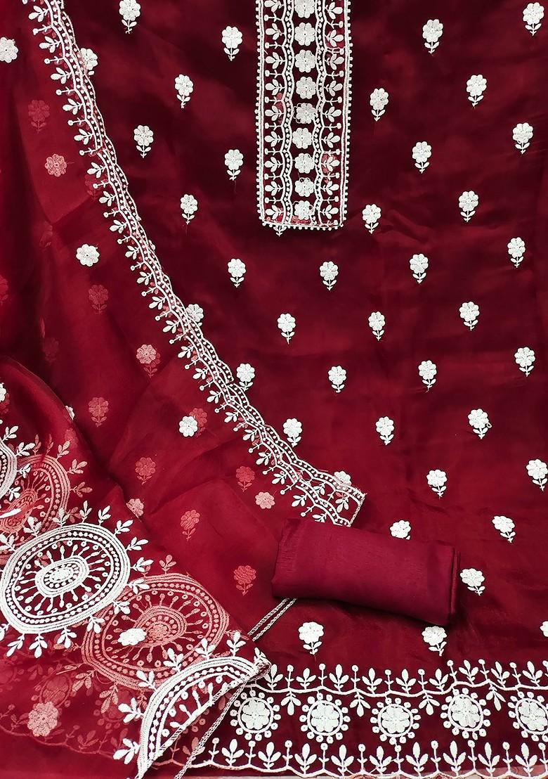 Maroon Embroidered Organza Kurta Set - Indya
