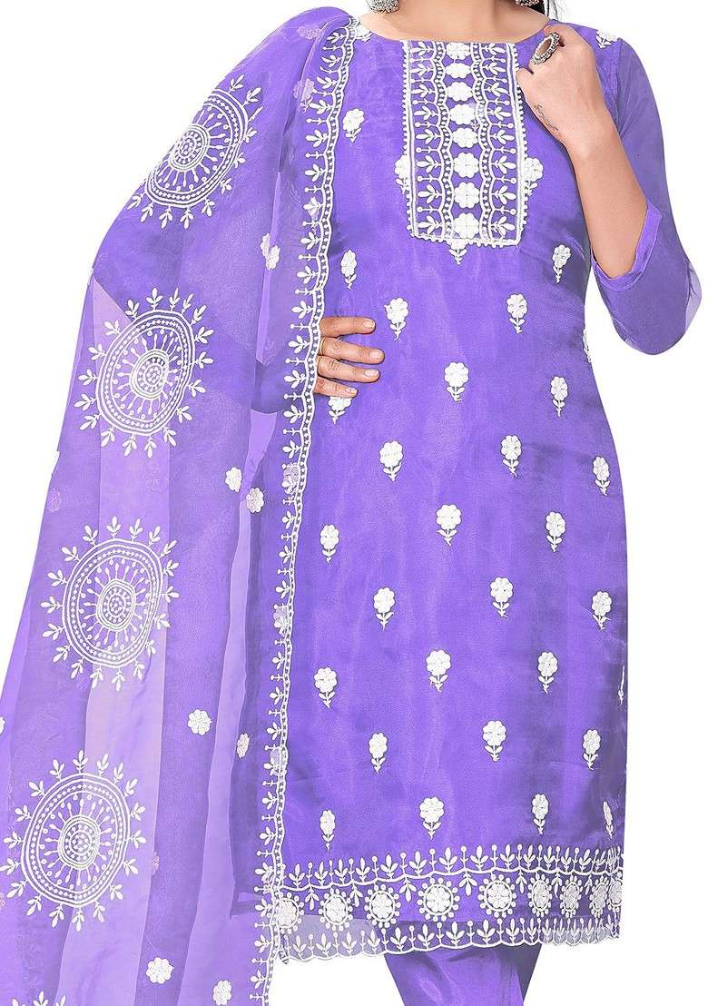 Purple Embroidered Poly Blend Kurta Set - Indya
