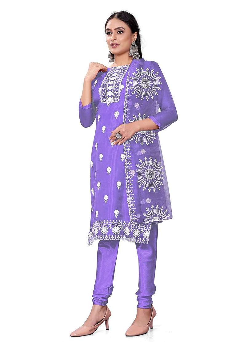 Purple Embroidered Poly Blend Kurta Set - Indya