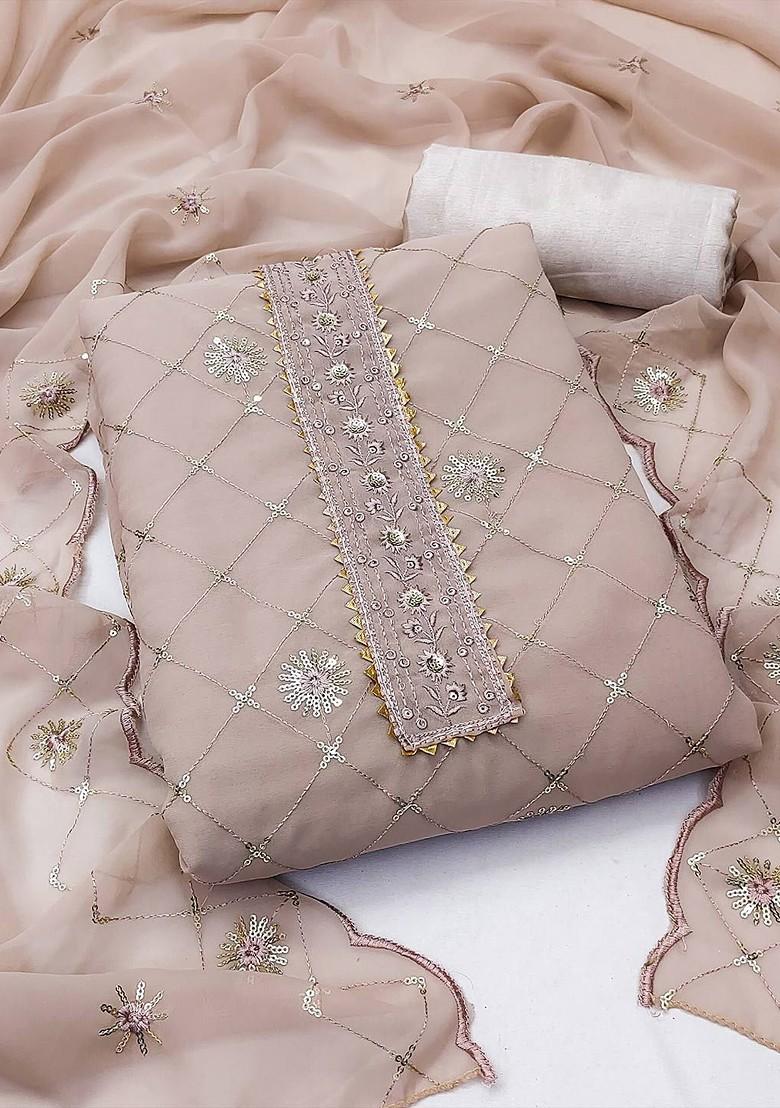 Beige Embroidered Georgette Kurta Set - Indya