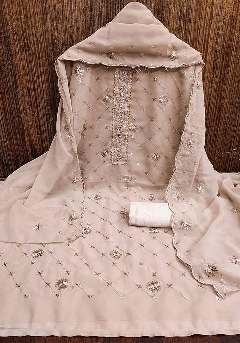 Beige Embroidered Georgette Kurta Set