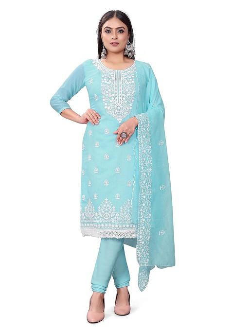 Blue Embroidered Poly Blend Kurta Set