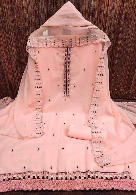 Peach Mirror Work Silk Straight Kurta Set