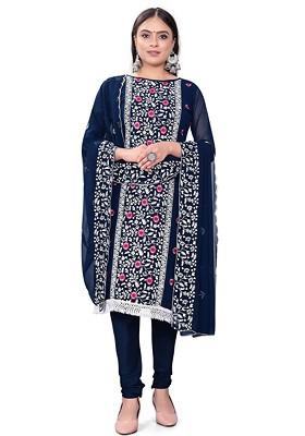 Blue Embroidered Poly Blend Kurta Set