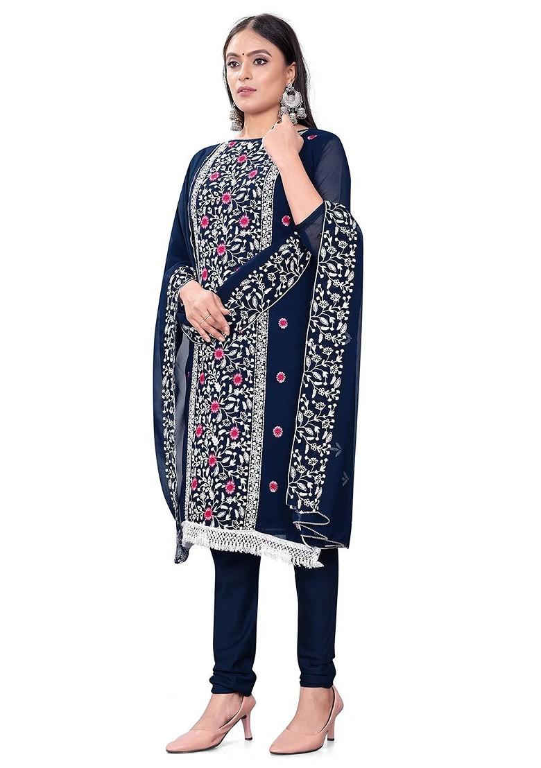 Blue Embroidered Poly Blend Kurta Set - Indya