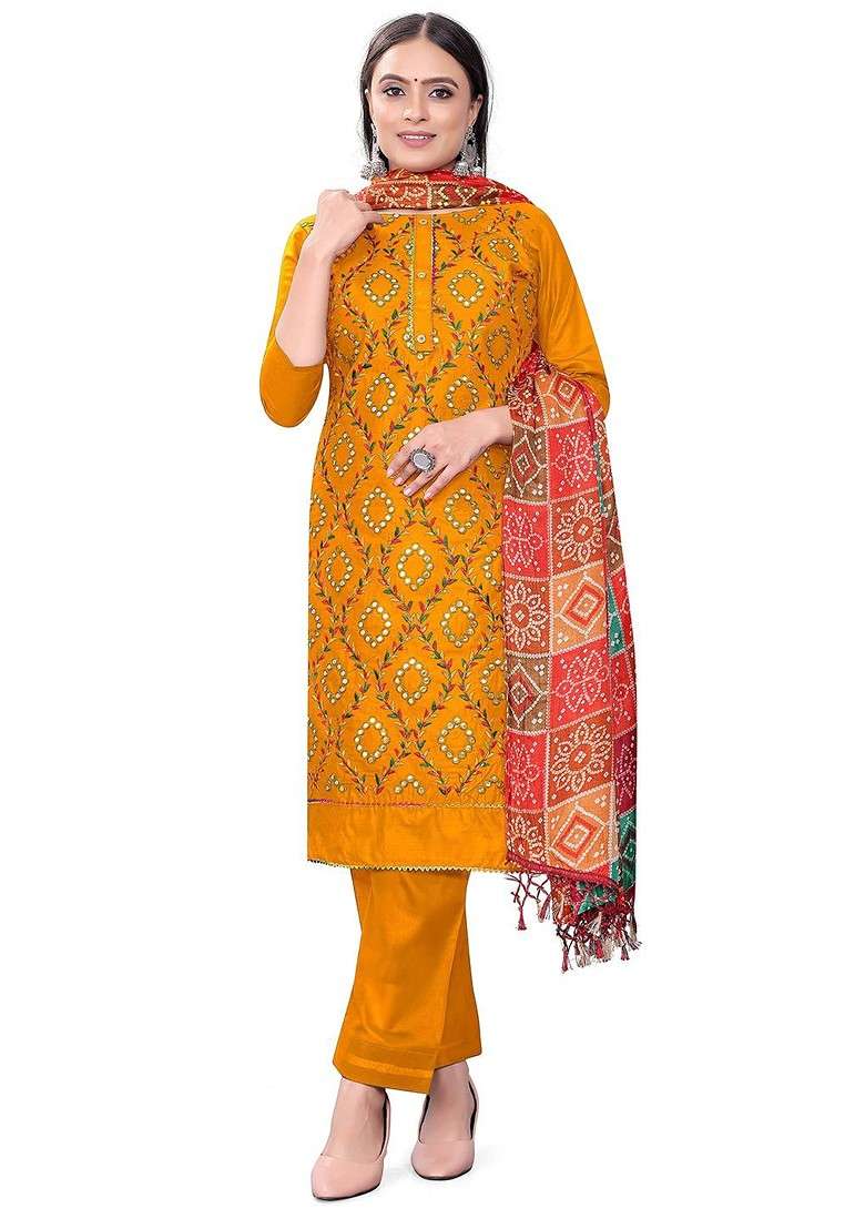Yellow Embroidered Poly Blend Kurta Set - Indya