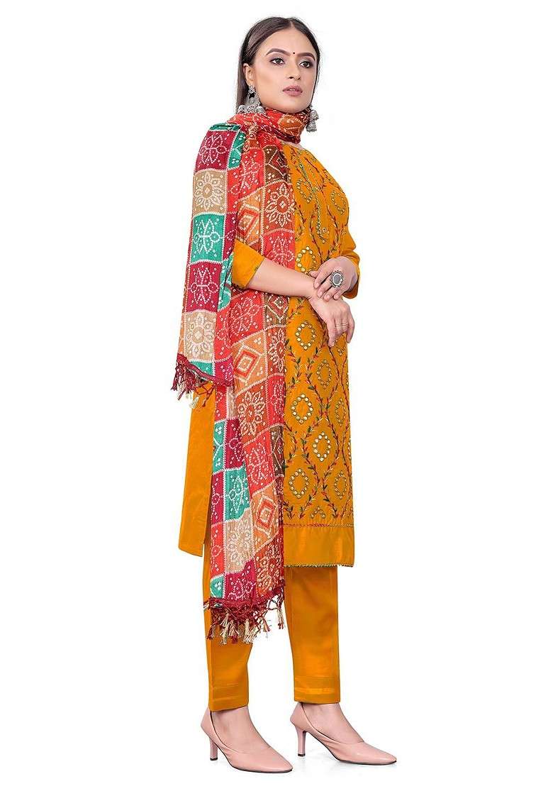 Yellow Embroidered Poly Blend Kurta Set - Indya