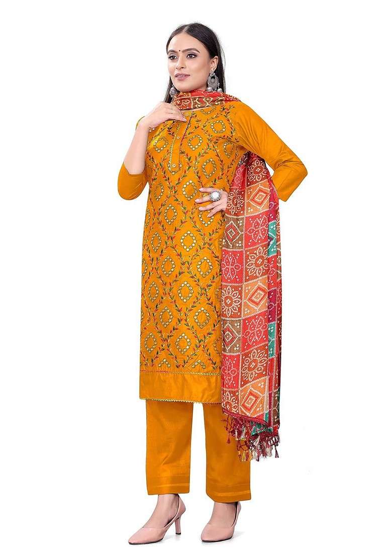 Yellow Embroidered Poly Blend Kurta Set - Indya