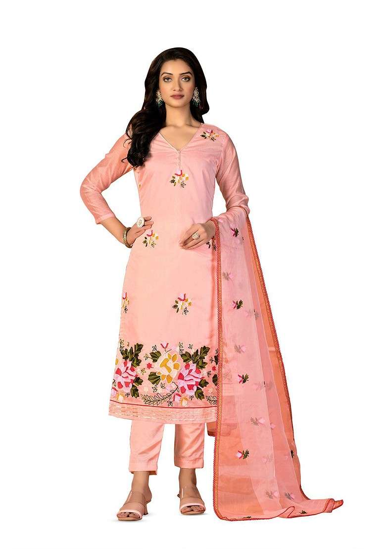 Peach Embroidered Blended Straight Kurta Set - Indya