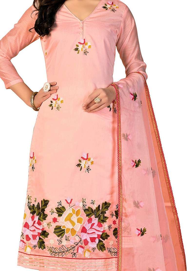 Peach Embroidered Blended Straight Kurta Set - Indya