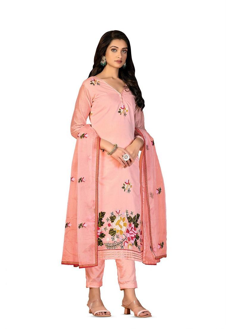 Peach Embroidered Poly Blend Kurta Set