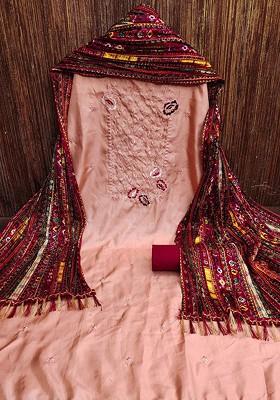 Peach Embroidered Poly Blend Kurta Set