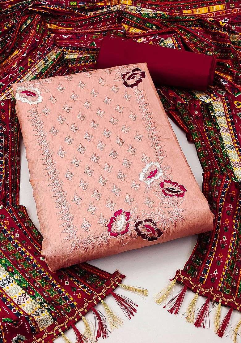 Peach Embroidered Poly Blend Kurta Set - Indya