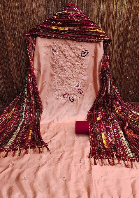 Peach Embroidered Poly Blend Kurta Set