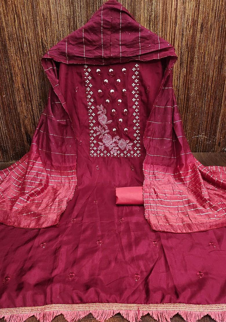 Maroon Embroidered Poly Blend Kurta Set - Indya