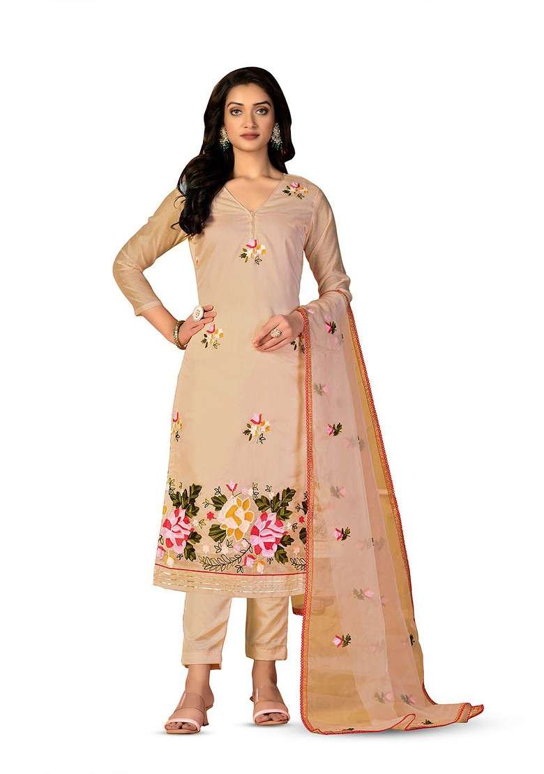 Beige Embroidered Blended Straight Kurta Set - Indya
