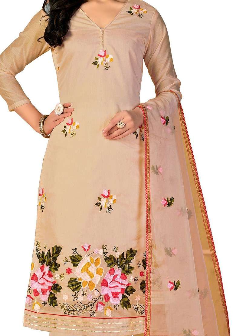 Beige Embroidered Blended Straight Kurta Set - Indya