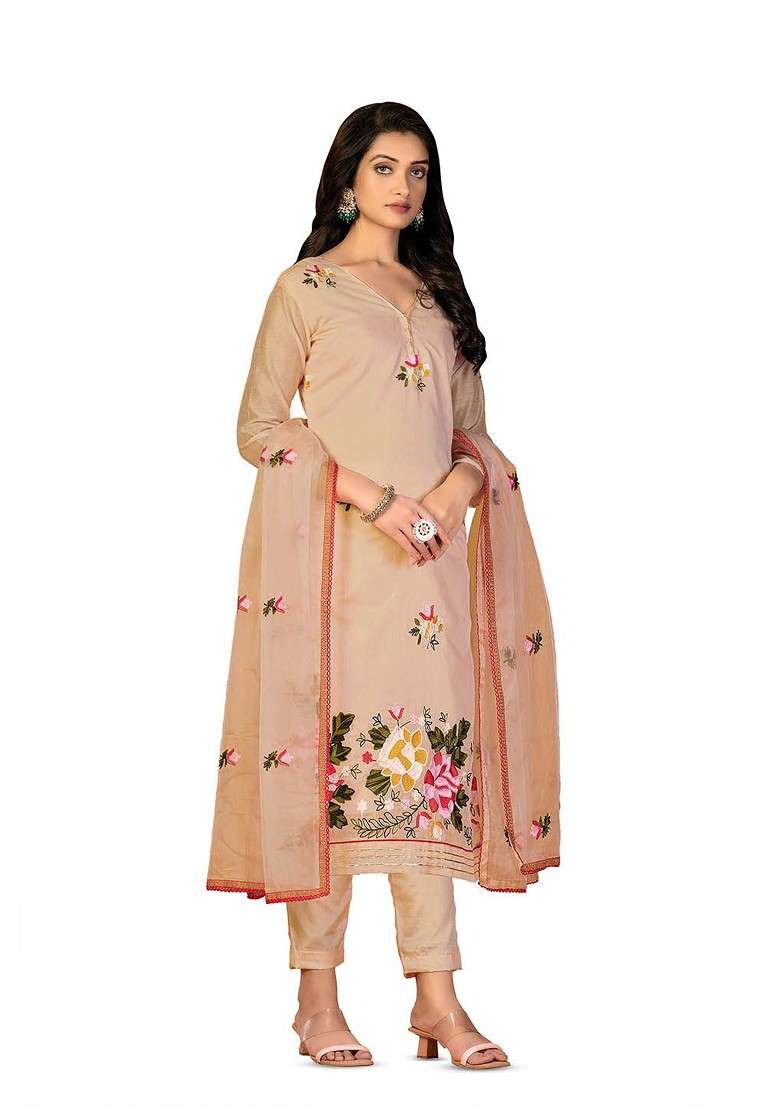 Beige Embroidered Blended Straight Kurta Set - Indya