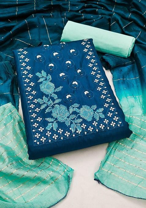 Blue Embroidered Poly Blend Kurta Set