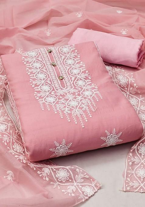 Pink Embroidered Poly Blend Kurta Set
