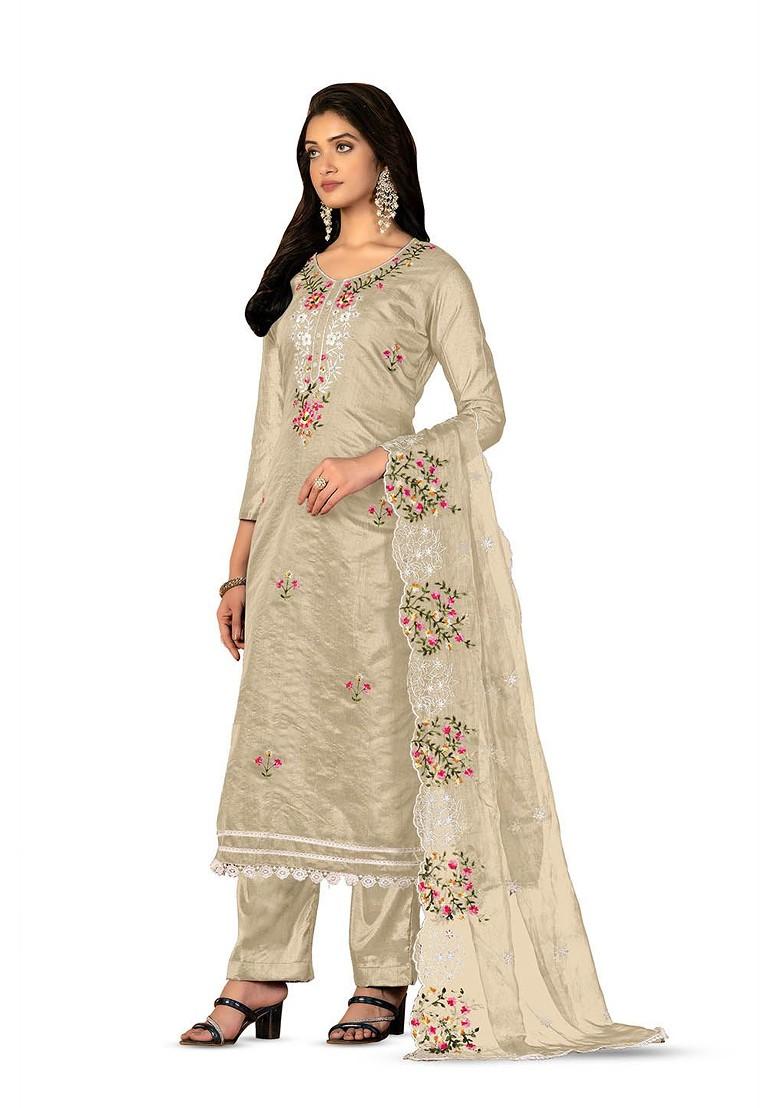 Grey Embroidered Poly Blend Kurta Set - Indya