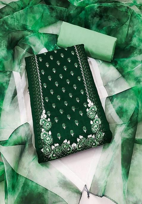 Green Embroidered Blended Straight Kurta Set