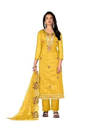 Yellow Embroidered Poly Blend Kurta Set