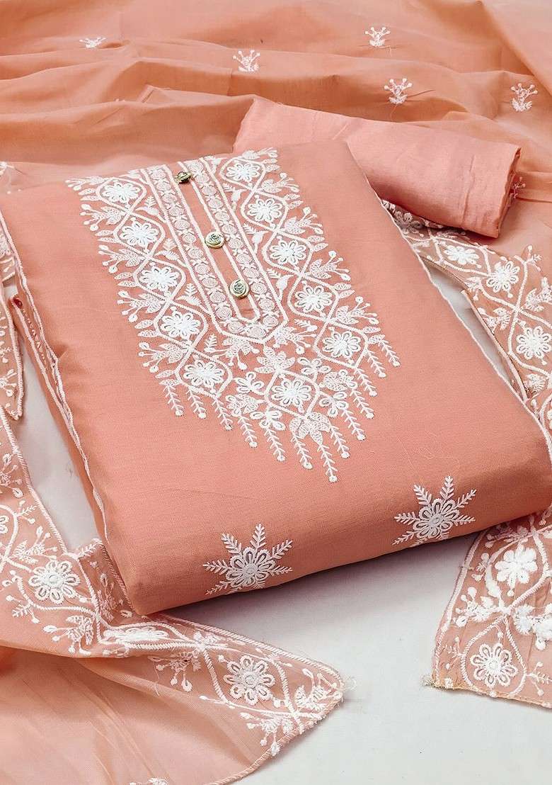 Peach Chikankari Blended Straight Kurta Set - Indya