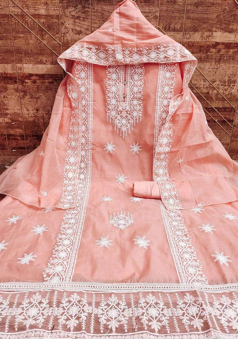 Peach Chikankari Blended Straight Kurta Set - Indya